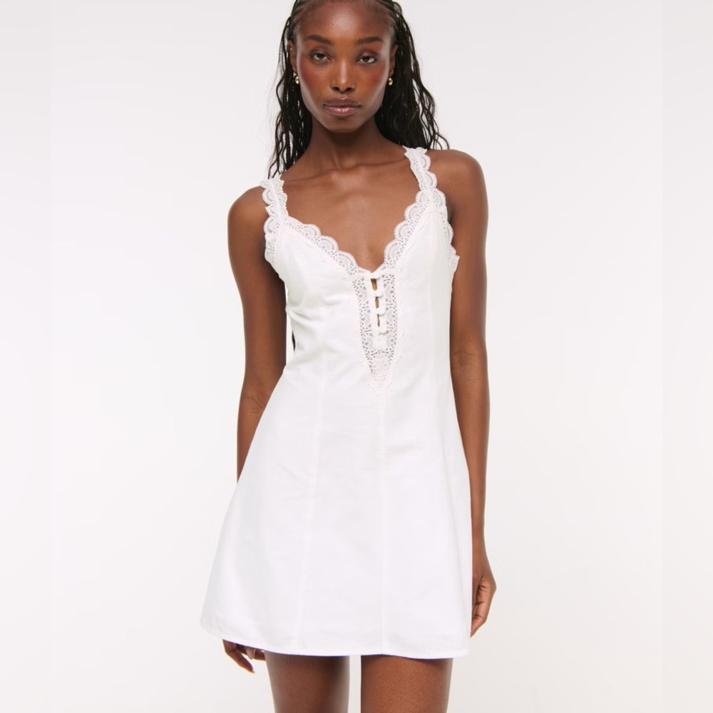Abercrombie & Fitch White Lace-Trim V-Neck Mini Dress